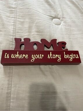Staple Red "Home is where your story begins" red and cream wooden standing sign